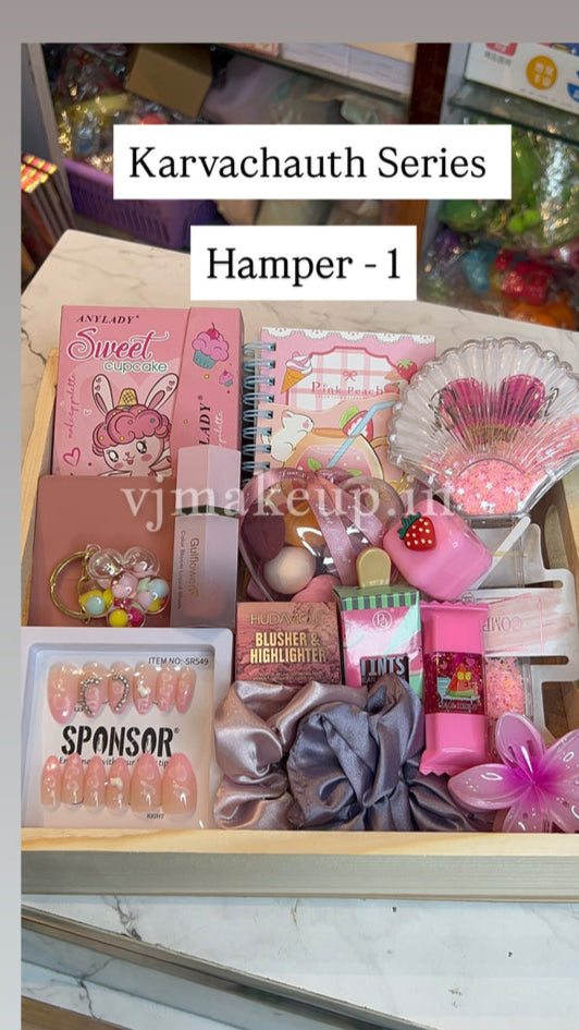 Karvachauth Gift Hamper Basket With Kawaii Makeup, Lipgloss, Scrunchies, and Cute Accessories